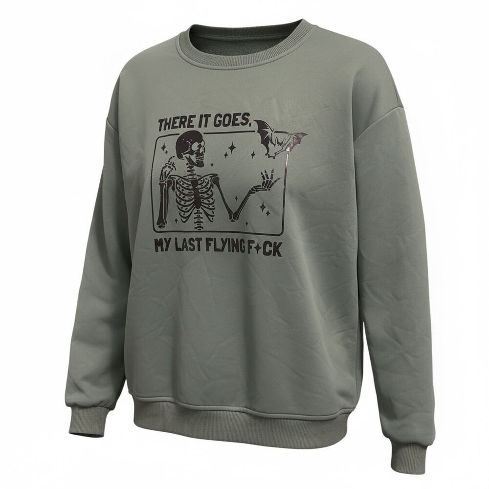 Mens Green Grunge Skeleton Gothic Graphic Sweat Shirt 100% Polyester Large